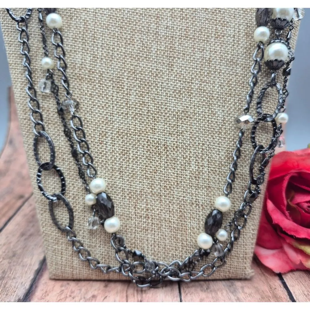 Premier Design Gun Metal Chain Necklace Faux Pearls Hammered Links Multi Strand Black - Image 3