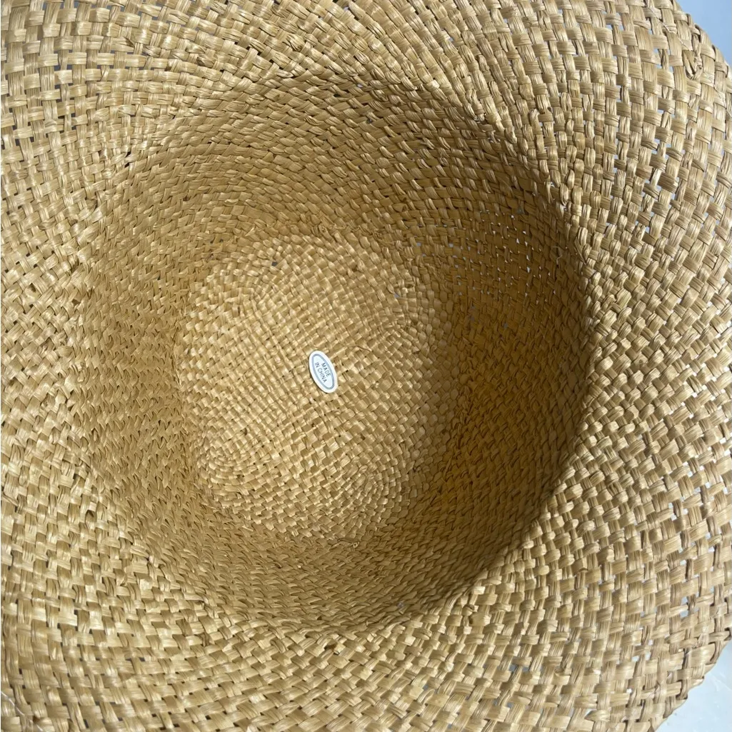 Vintage Straw Hat with Peacock Feather & Blue Ribbon Accent, Wide Brim Boho Tan - Image 5