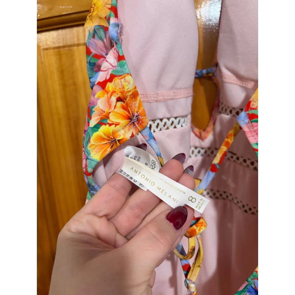 Antonio Melani Floral Halter One Piece Swimsuit Cutout Crochet Detail - Image 3