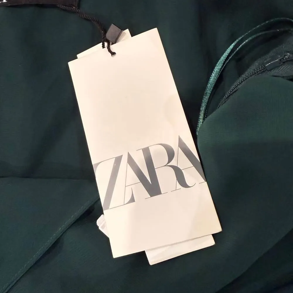 Zara NWT Satin Lace Asymmetrical Midi Slip Dress Womens Medium EmeraldGreen Sexy - Image 6