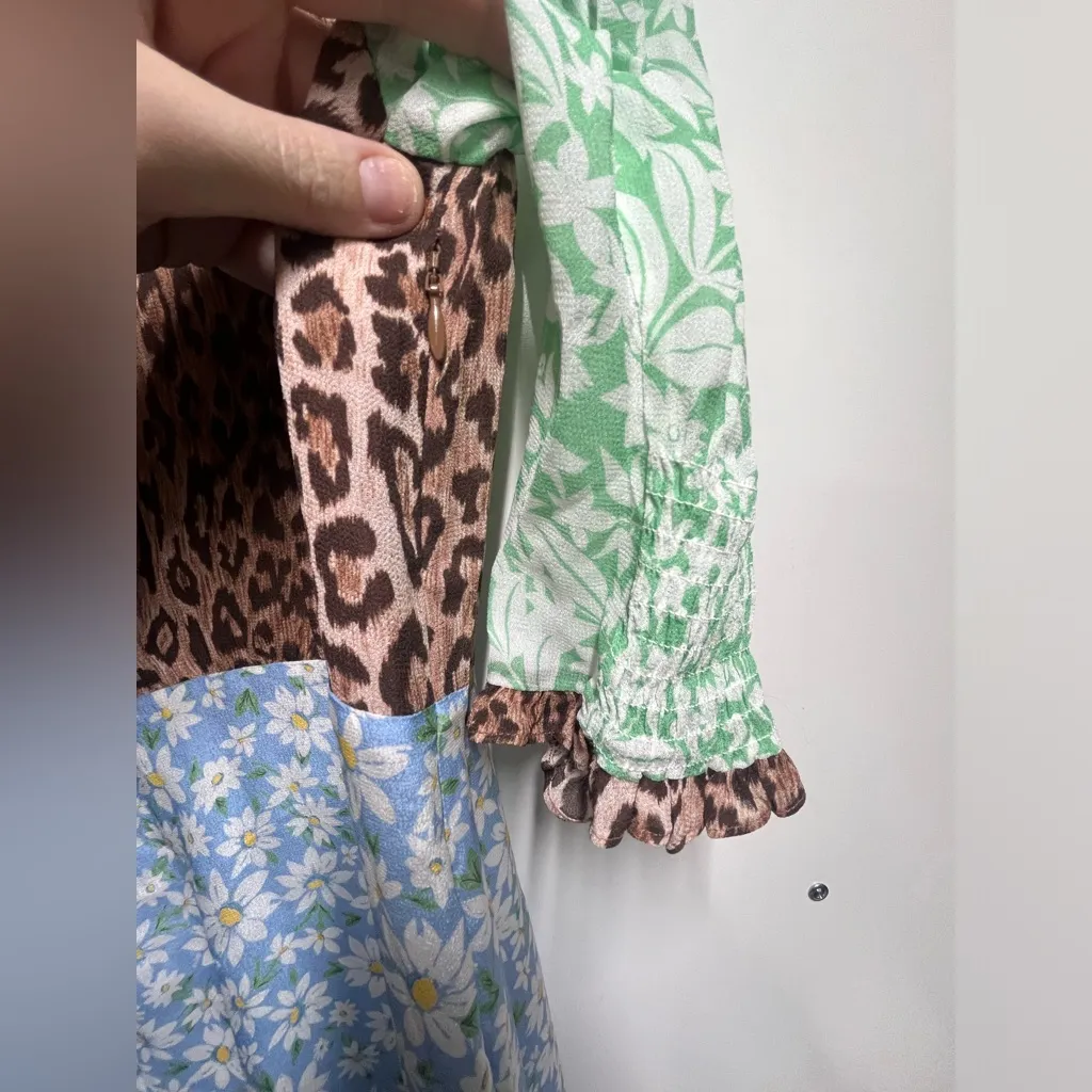 Rixo 100% Silk Long dress colorful Meadow Leopard Mix print size SMALL Women’s Blue - Image 11