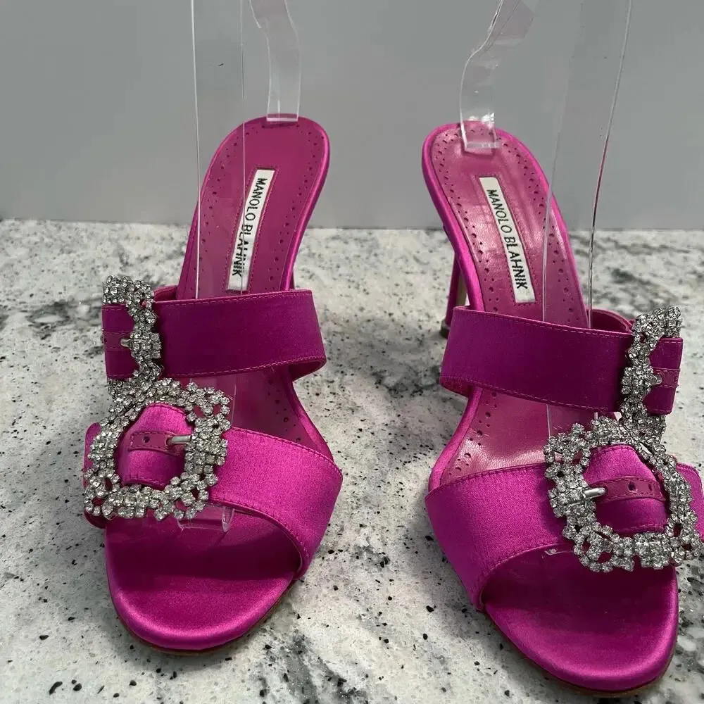 Manolo Blahnik Mulussanhan Mules Sandals Satin Crystal Buckle Pink Size 38.5 - Image 3