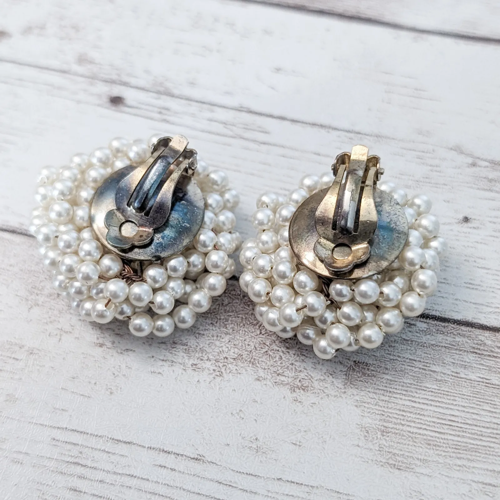 Vintage Clip On Earrings Large Beaded Faux Pearl - Image 4