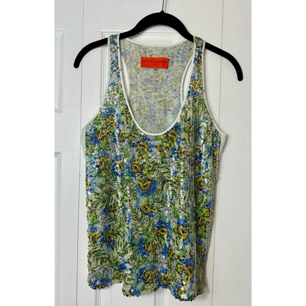 Clover Canyon Green Blue Leaf Sequin Sheer Sleeveless Tank Top Blouse Sz Small - Image 5