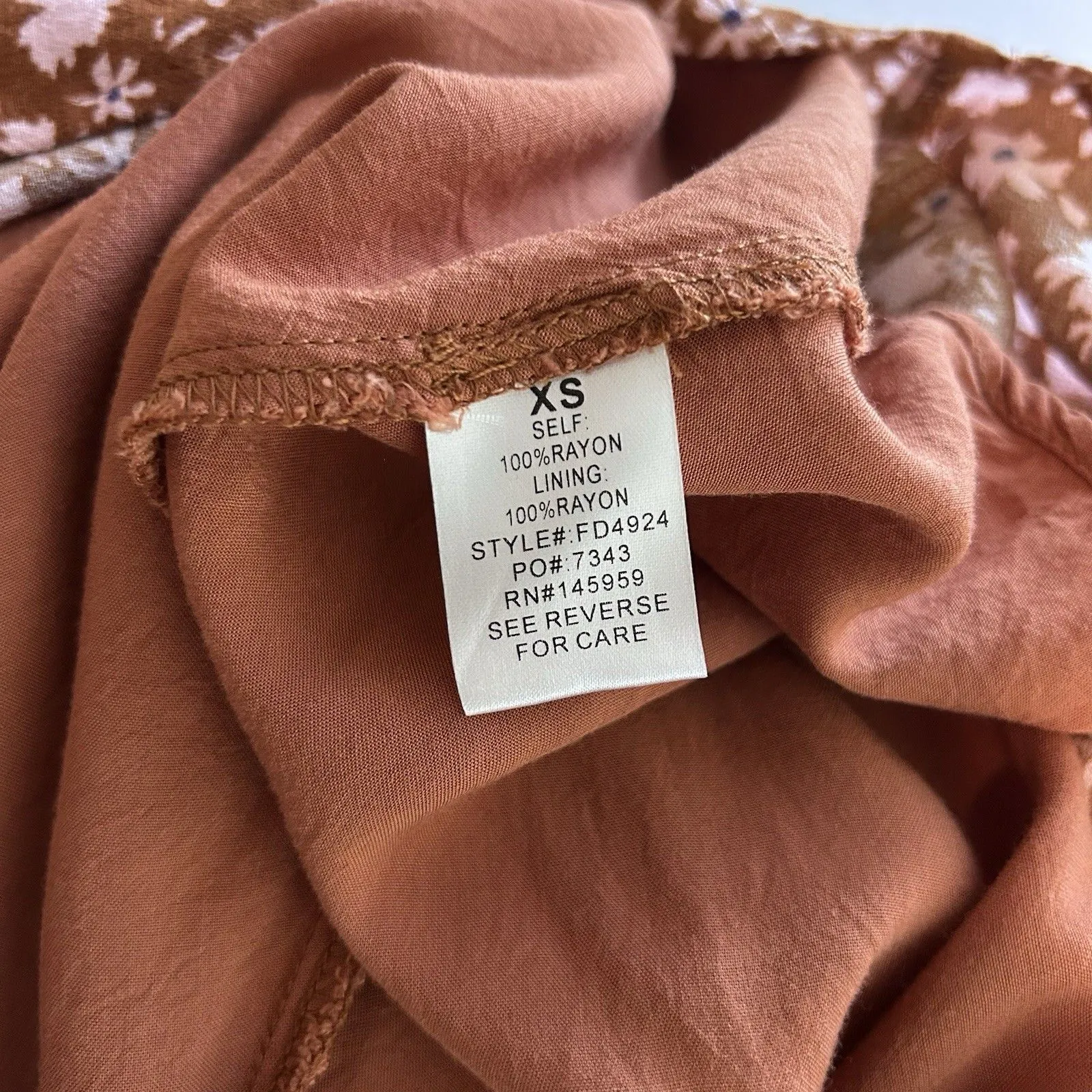 Vici Women's Floral Tunic Short Dress Brown Ruffled Neckline Tie Long Sleeve XS - Image 8