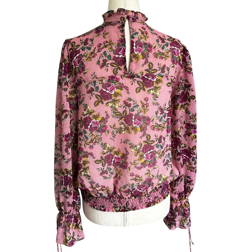 Express Multicolor Floral Sheer Unlined High Neck Blouse Women Top Sz XS | 5-25 - Image 2