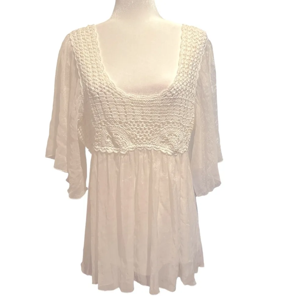 ADIVA Crochet Ivory Cream Shimmery Sheer Round Neck Boho Top Butterfly Sleeves L Size L - Image 2