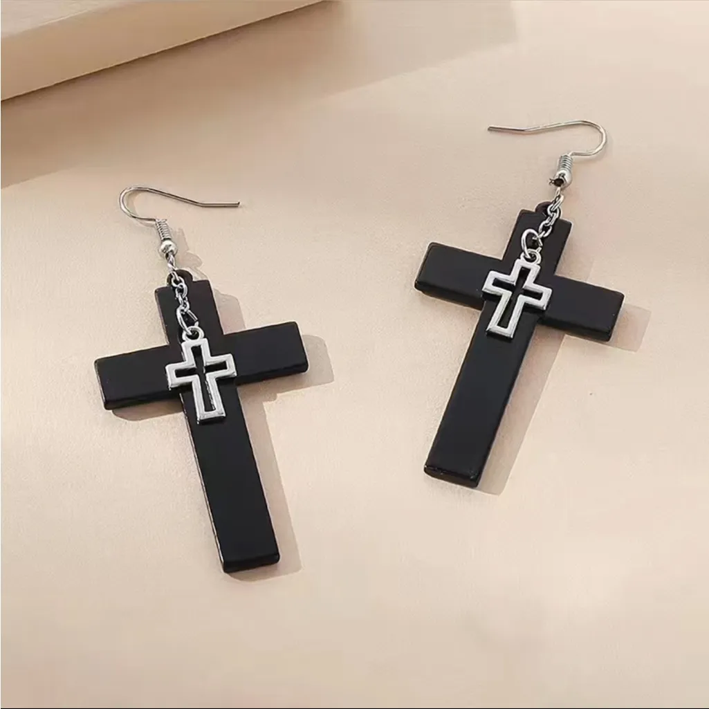 Unique design double layer black cross light weight plastic dangle‎ earrings - Image 5