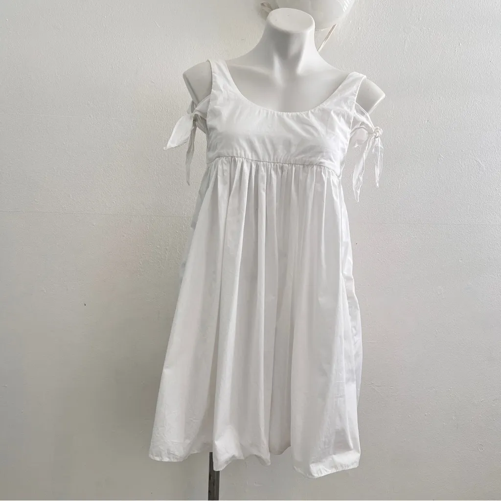 ZARA Trafaluc White Cotton Tie-Sleeve Babydoll Mini Dress XS - Cottagecore Boho - Image 2