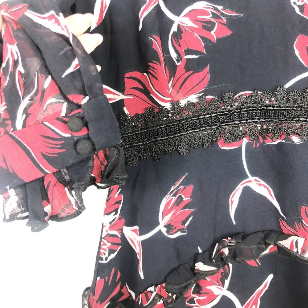 Nicholas French Floral Mini Dress Size 2 Silk Long Sleeve Ruffle Aline High Neck - Image 11