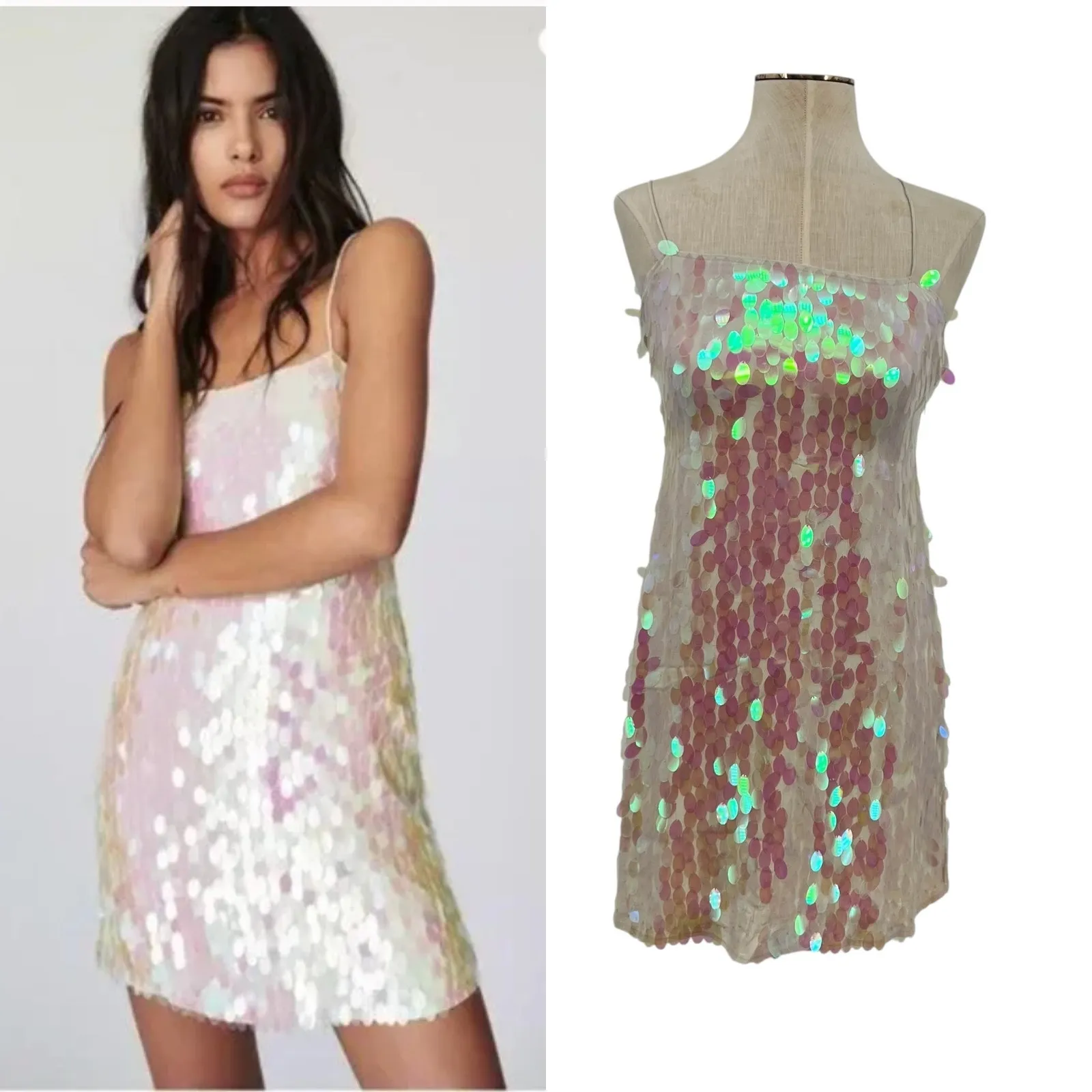 Free‎ People Mermaid Mini Dress Sequin Iridescent Cream White Pink Size 2 - Image 2