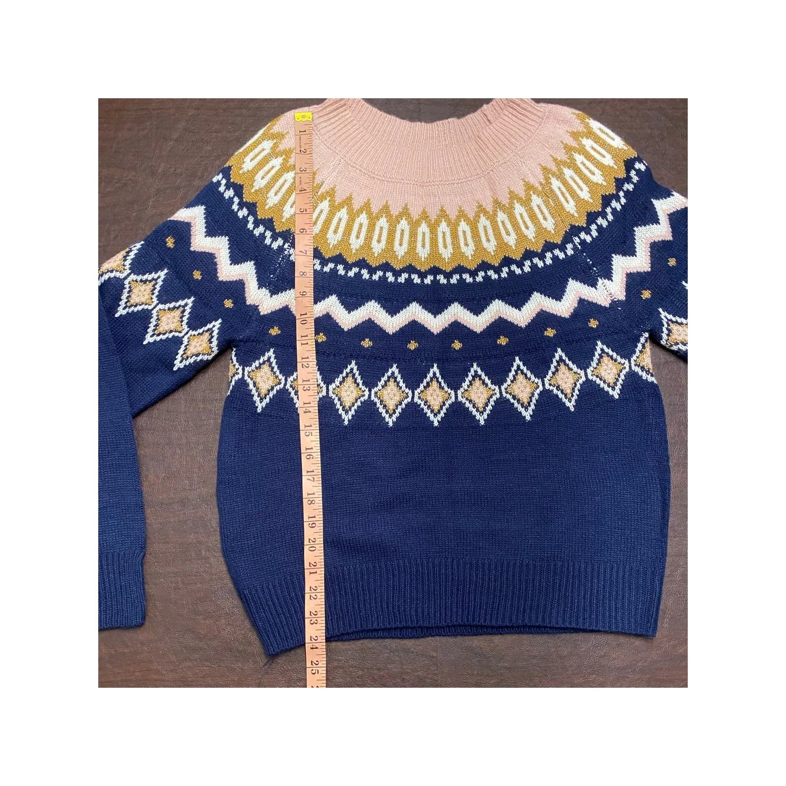 Fair‎ Isle Knit Sweater Women’s Med Navy Gold Sparkle Pink White Winter Crewneck - Image 3