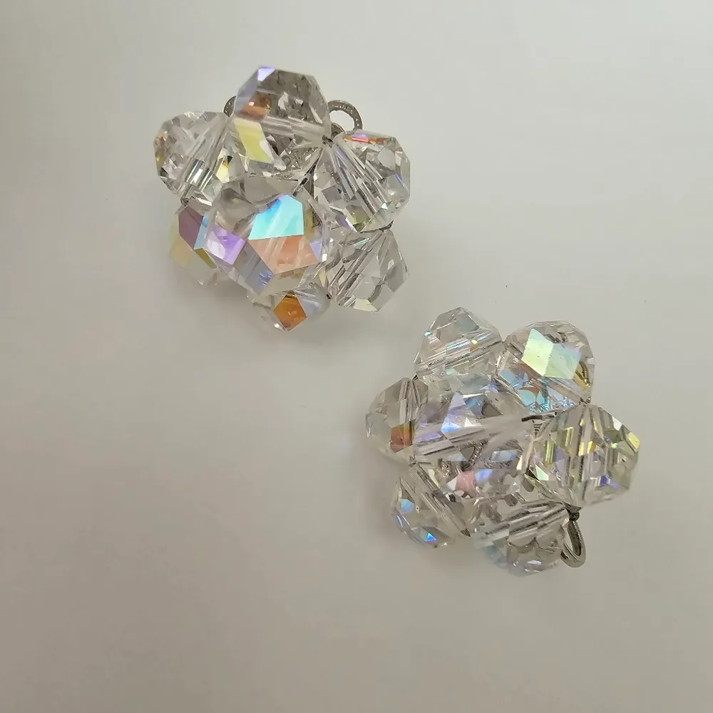 Laguna Crystal Aurora Borealis Austrian Bead Cluster Vintage Statement Earrings Silver - Image 2