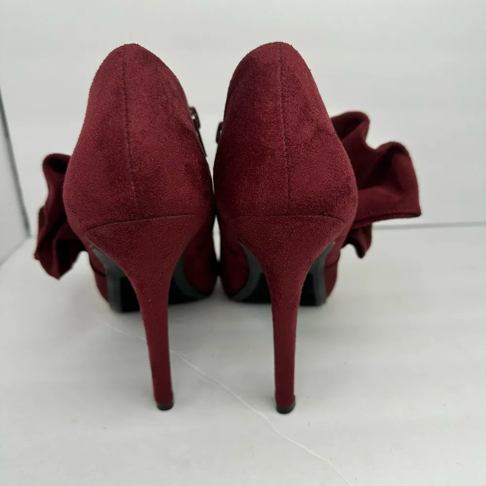 Call it Spring Womens size 9 Vegan Suede Heel Booties Ruffle Shoes Red 4 inch - Image 3