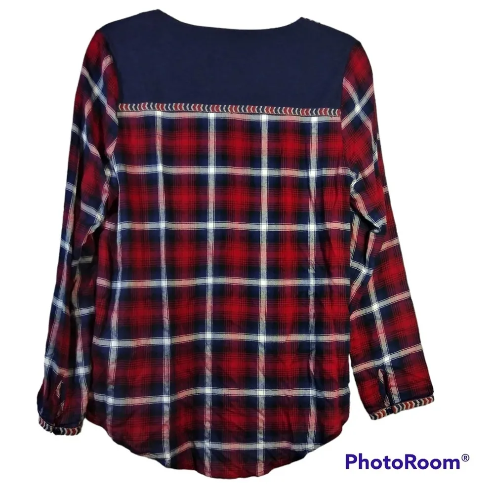THML Red Blue Plaid Embroidered Western Pop Over Top Size M - Image 3