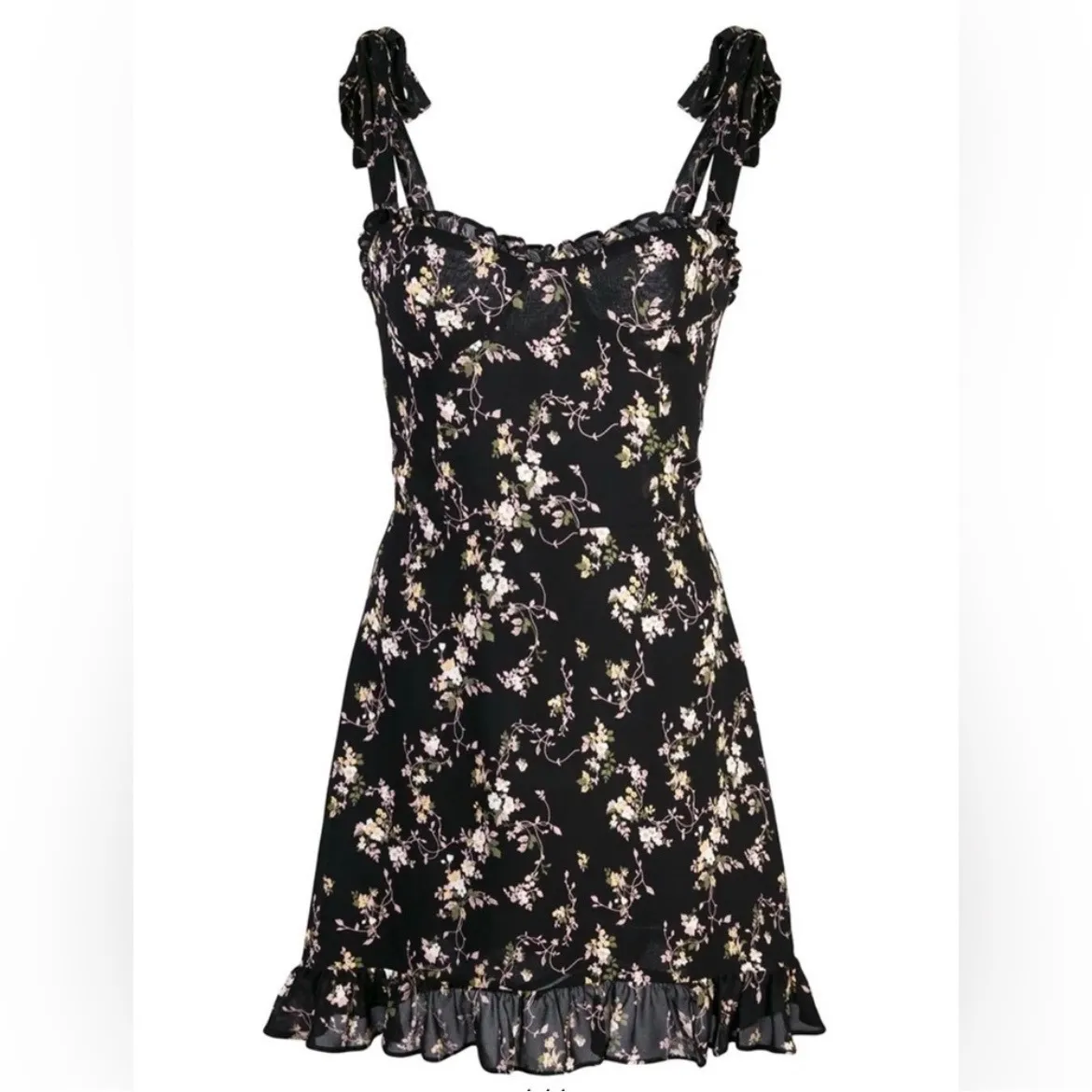 Reformation Christine Black Floral Mini Dress Tie Strap Smocked Ruffle Hem - Image 2