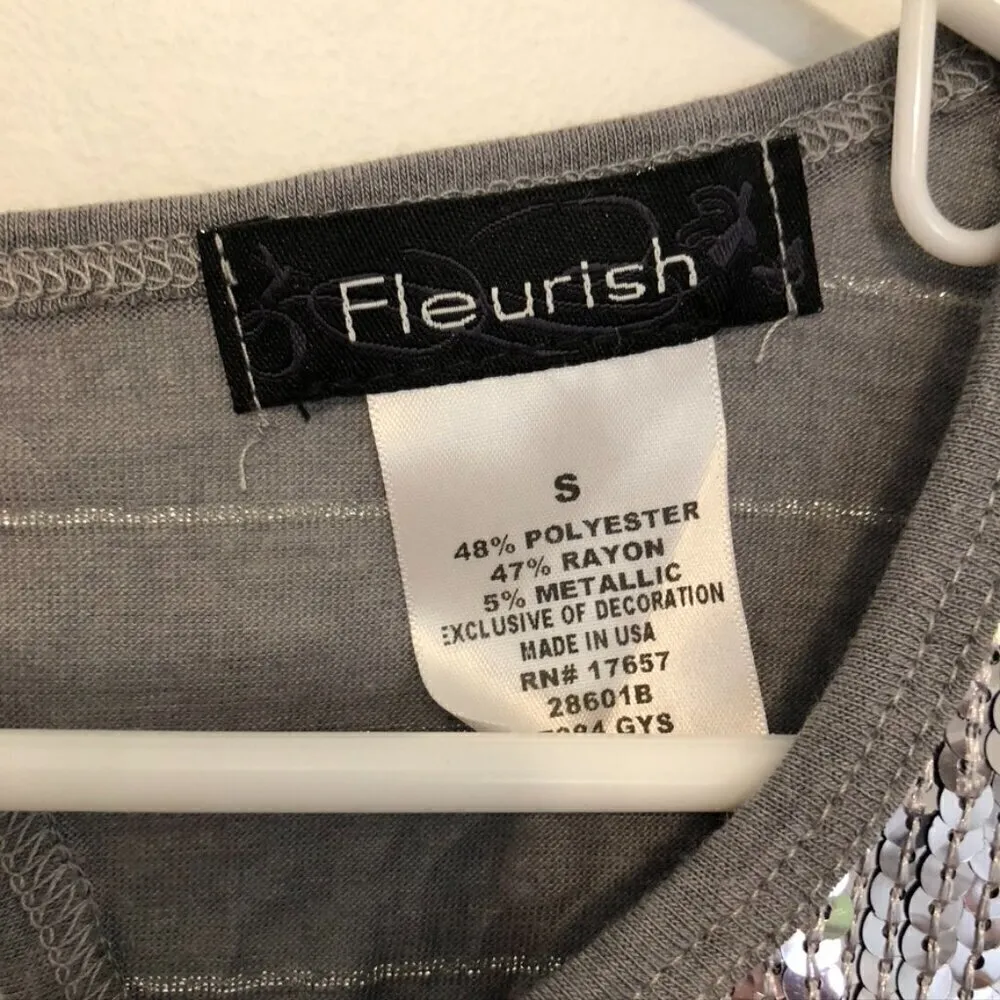 NEW NWT FLEURISH Gray Metallic Striped Sequin Short Sleeve Y2K Blouse JUNIORS S - Image 4