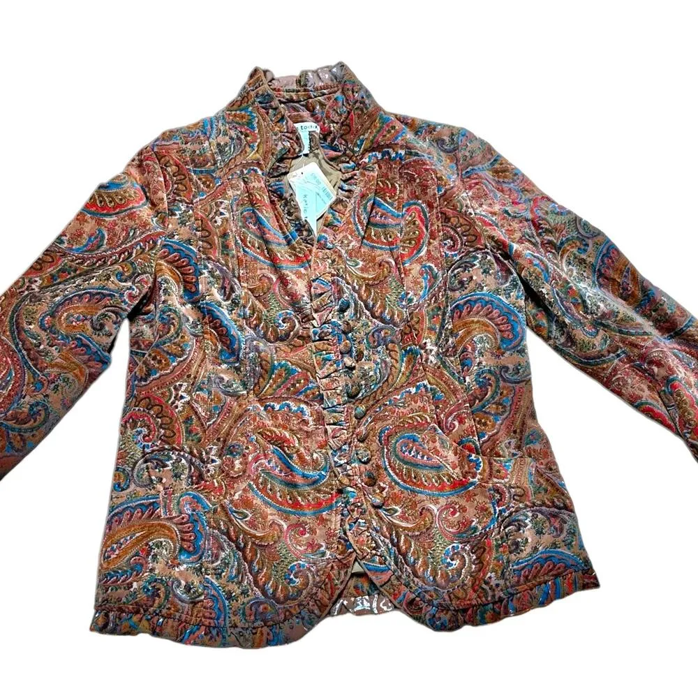 Katie Todd 70s Style Retro Ruffle Paisley Orange Blazer New Medium - Image 2