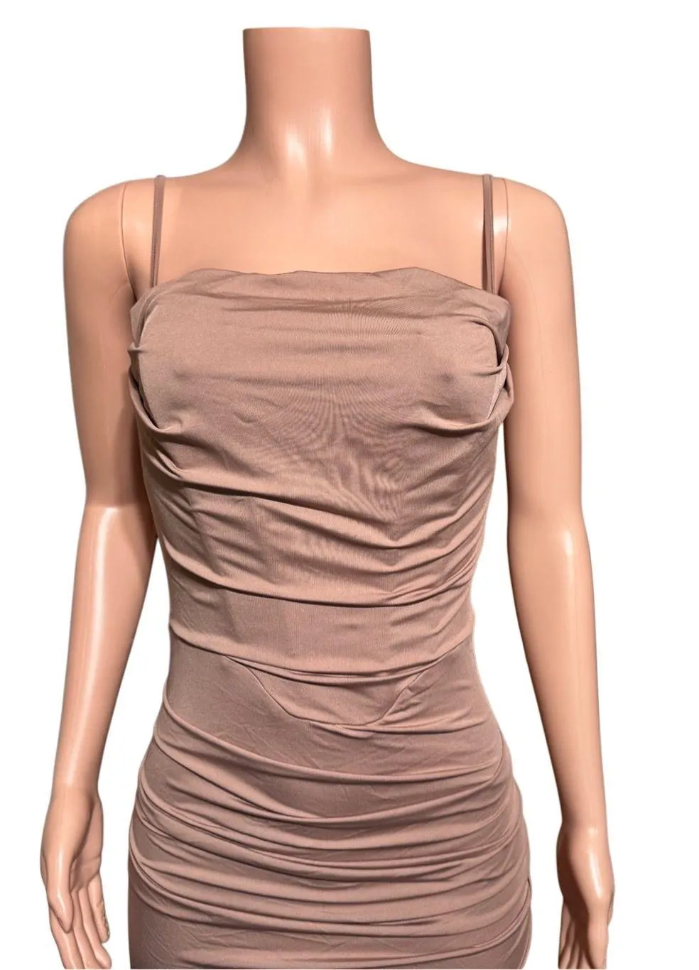 Marthea sleeveless bodycon corset maxi dress/ spaghetti strap ruched mocha dress M Tan Size M - Image 7