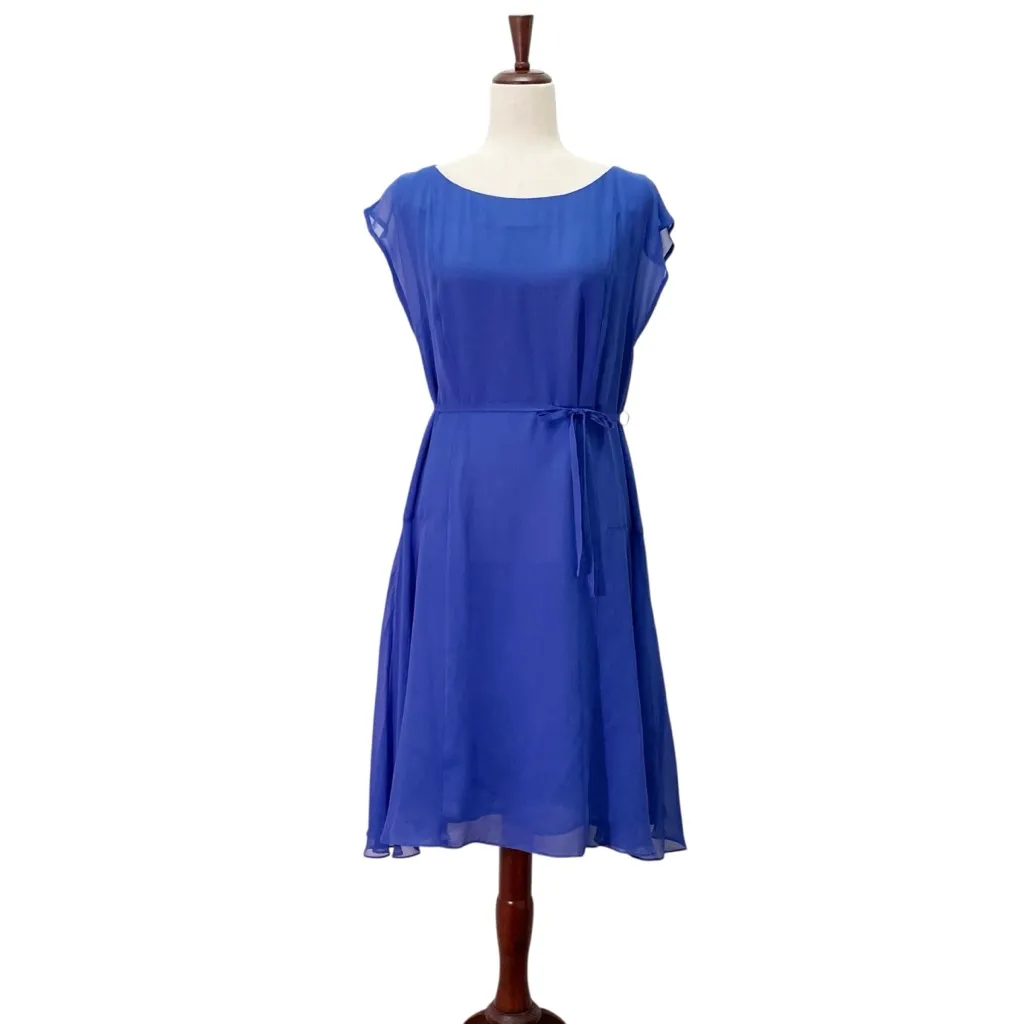 Reiss Thena Royal Blue Silk Midi Dress Size 8 Sheer Belted Overlay Fit & Flare - Image 3