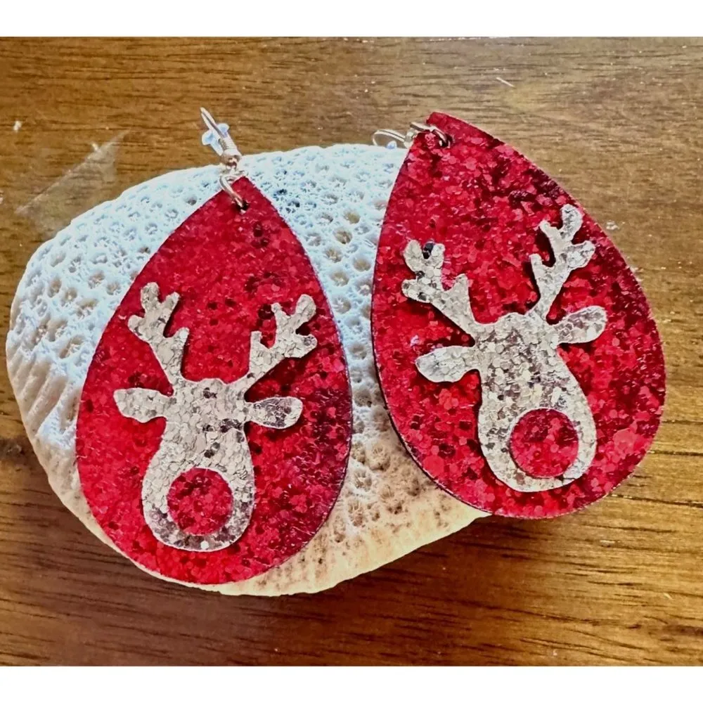 Rudolph Reindeer Earrings Christmas Handmade Whimsical Hooks Glitter Acc… - Image 8