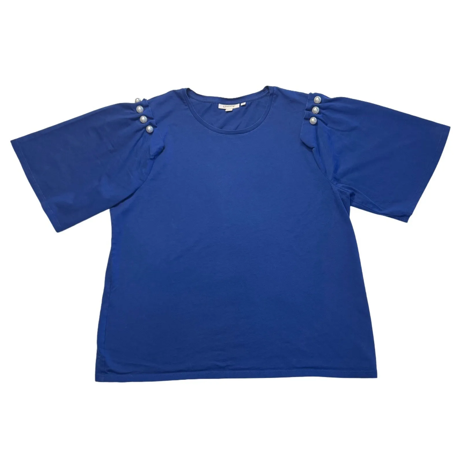 Chicos Cobalt Blue‎ Cotton Top/ Flared Short Sleeve, Pearl Accents, Soft Sz 3/XL - Image 2