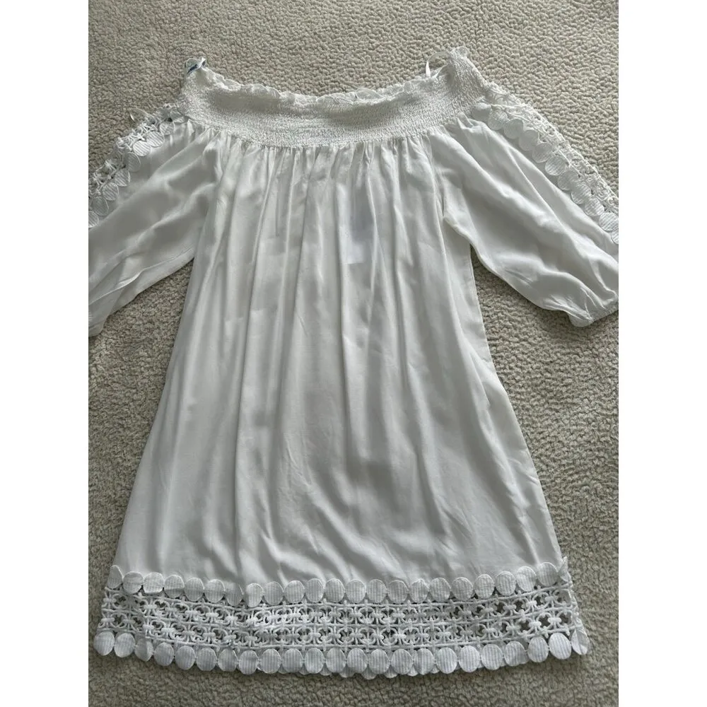 Blue Island Off The Shoulder 3/4 Sleeve Mini Lace Trim Cover-Up Dress White Sz M - Image 2