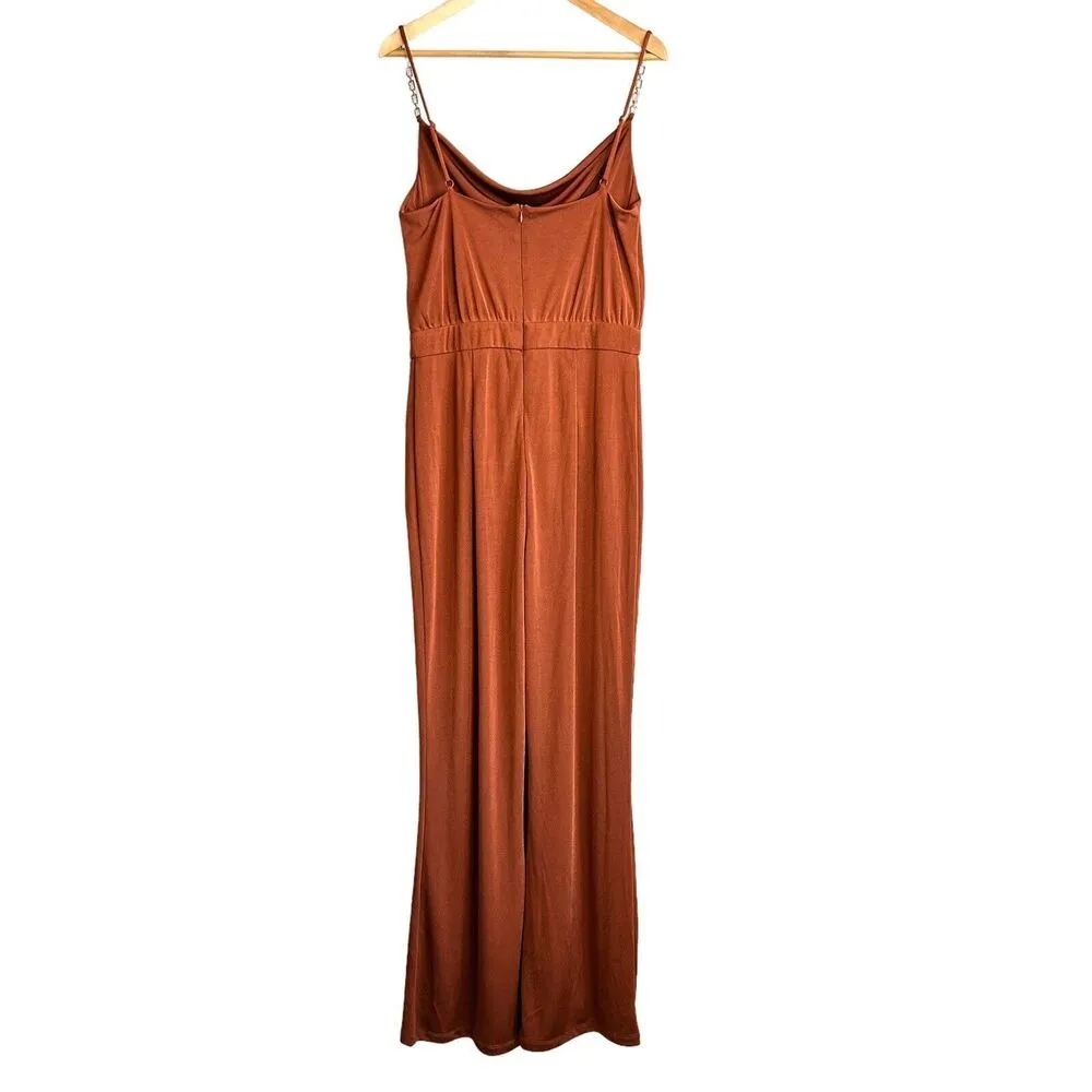 Jason Wu Jumpsuit Womens Large Orange Cowl Neck Chain Rhinestone Straps Wide Leg - Image 5