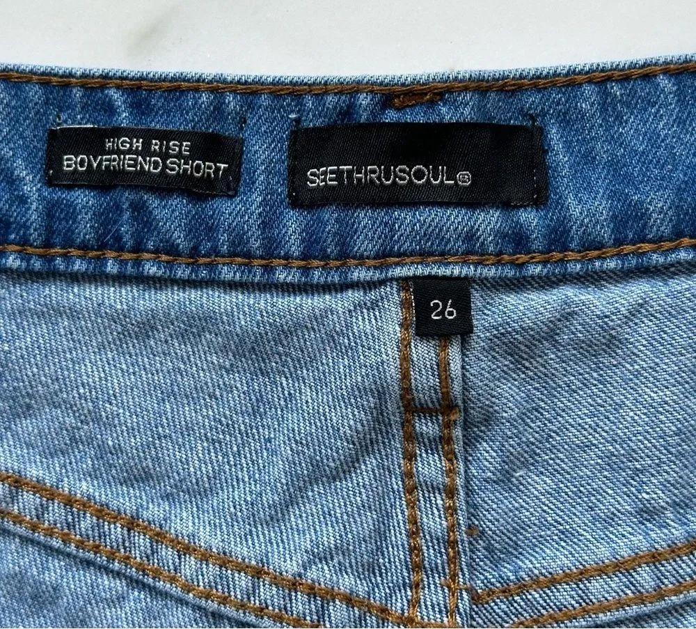 See Thru Soul High Rise Boyfried Denim Shorts • Sz 26 Blue - Image 7