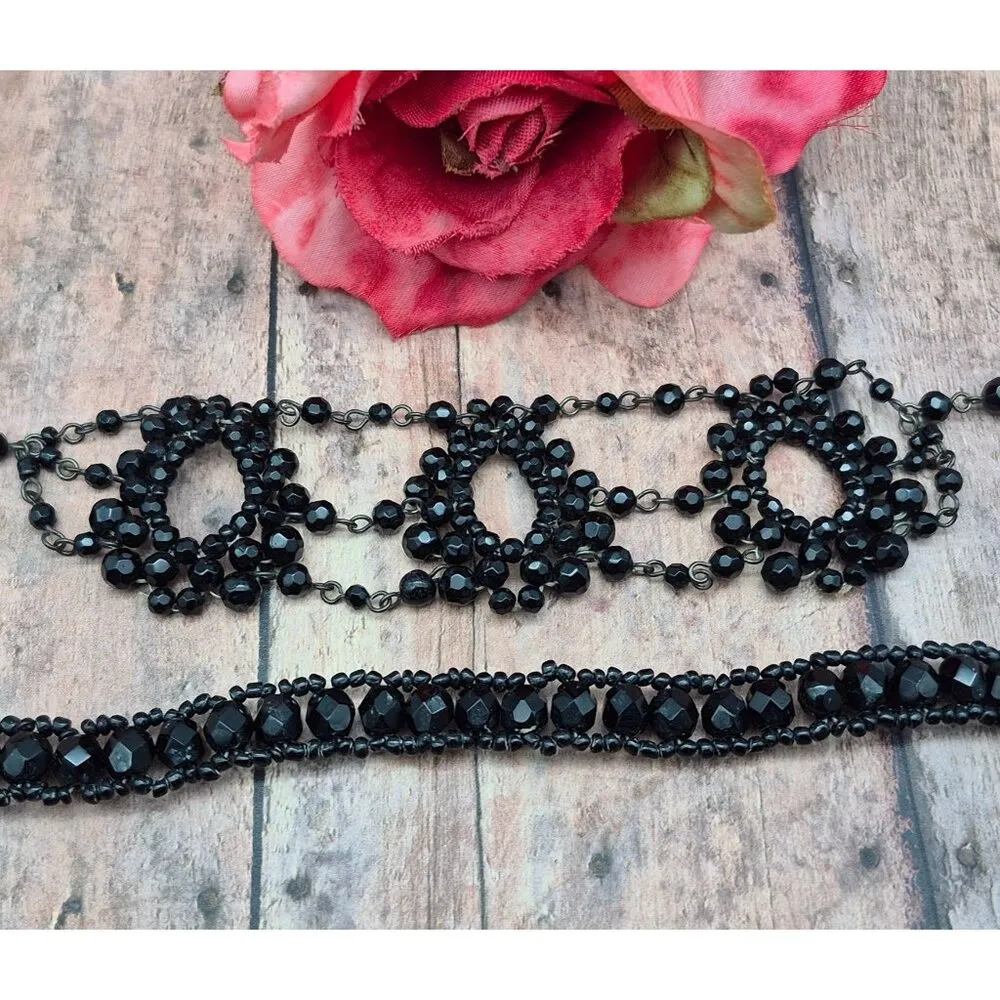 Black Glass Crystal Jewelry Set Choker Necklace Wide Bracelet Goth Witchy Formal - Image 2