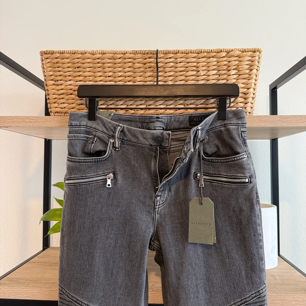 NEW All Saints Grace Biker Cropped Mid-Rise Washed Grey Skinny Jeans, 29 - Image 10