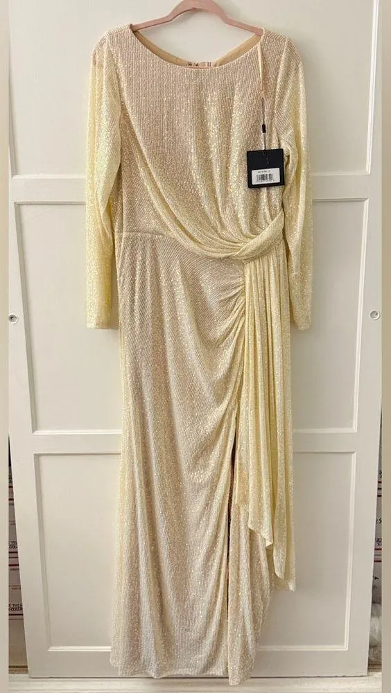 Women's Ieena Sequined Ruched Long Sleeve Boat Neck Gown - Image 6