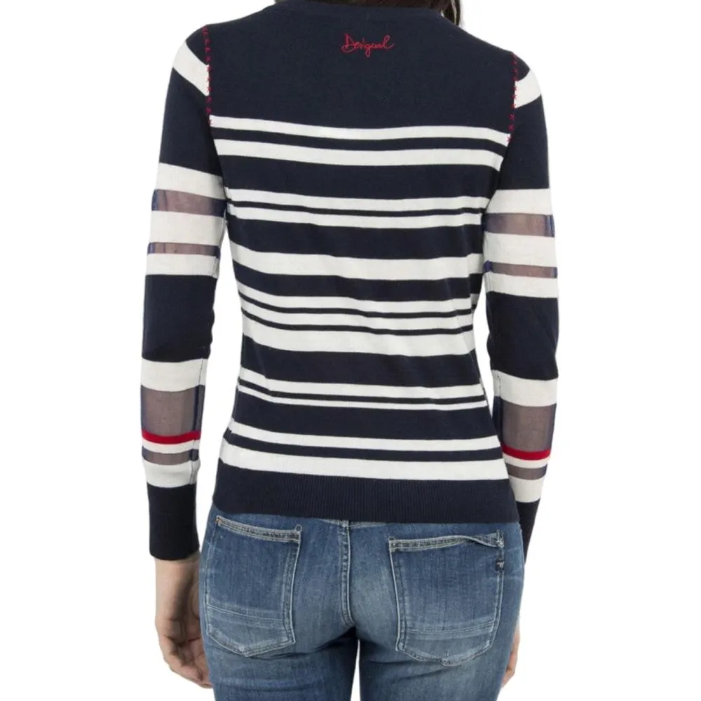 Desigual Womens Navy Long Sleeve Sweater Top Floral Striped Size M Boho Chic - Image 2