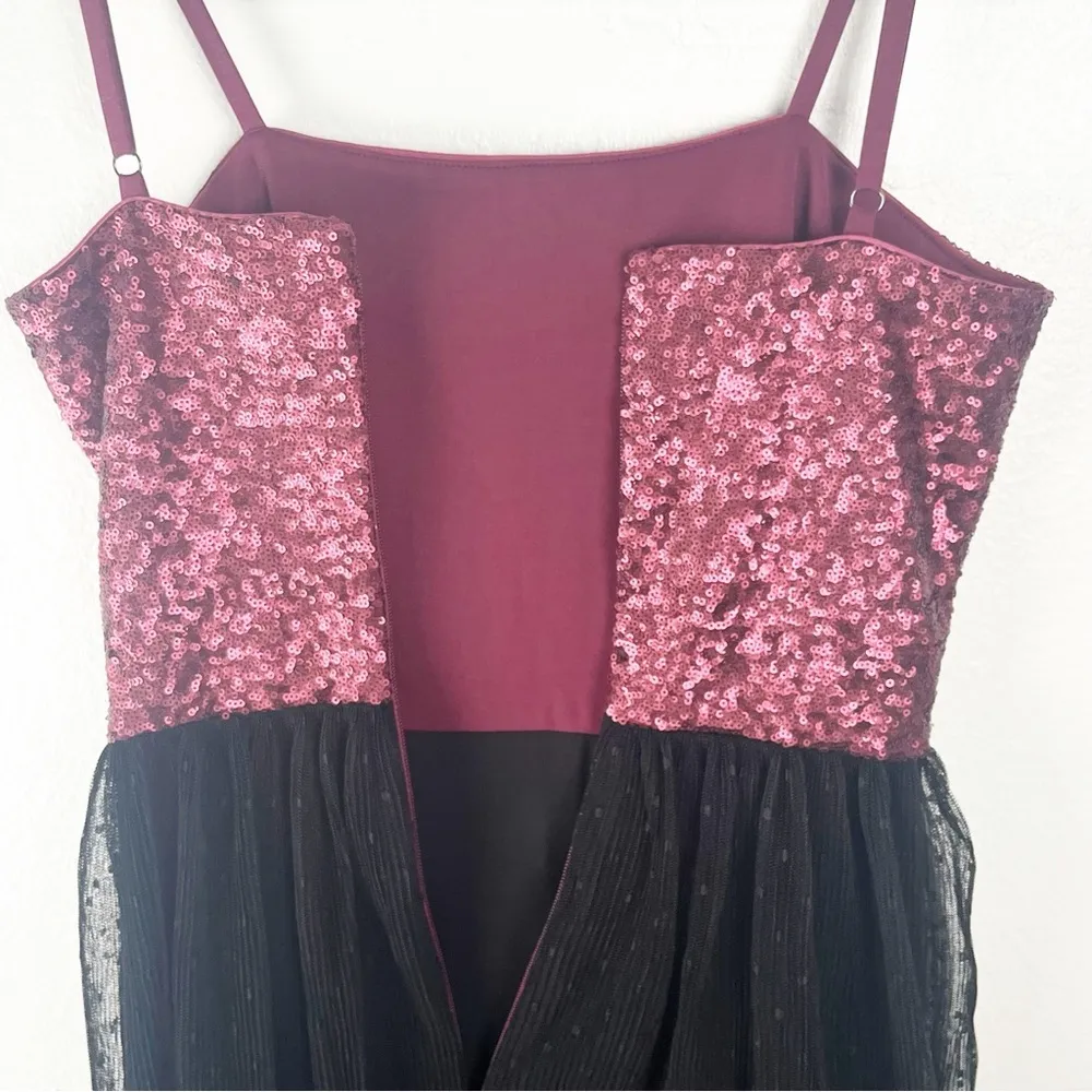 DRESS THE POPULATION Kady Merlot Black Sequin Tiered Point Dress, Size XS - Image 8