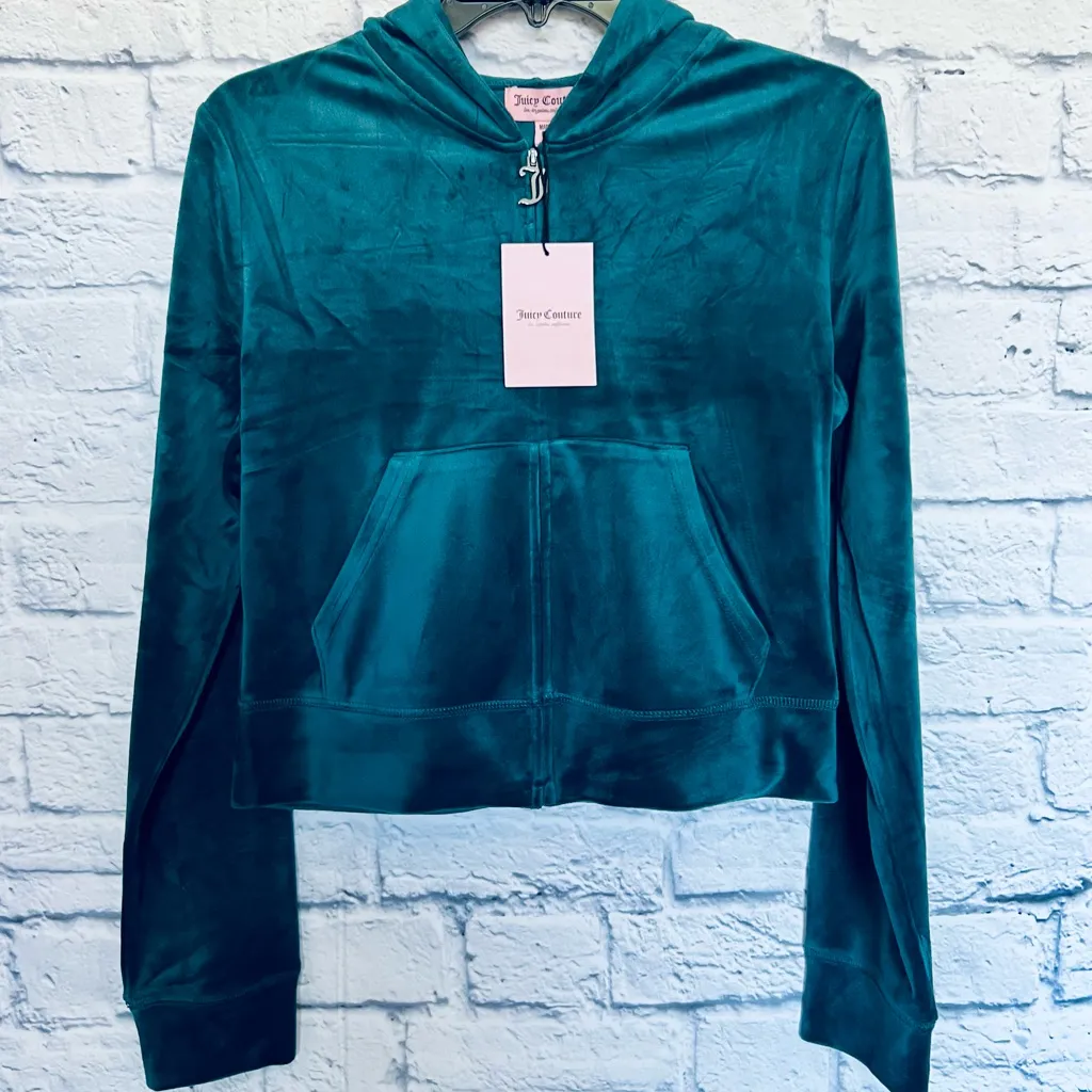 🔥JUICY COUTURE Bling OG Velour Iconic Tracksuit Hoodie Pants Sea Dark Teal L - Image 13