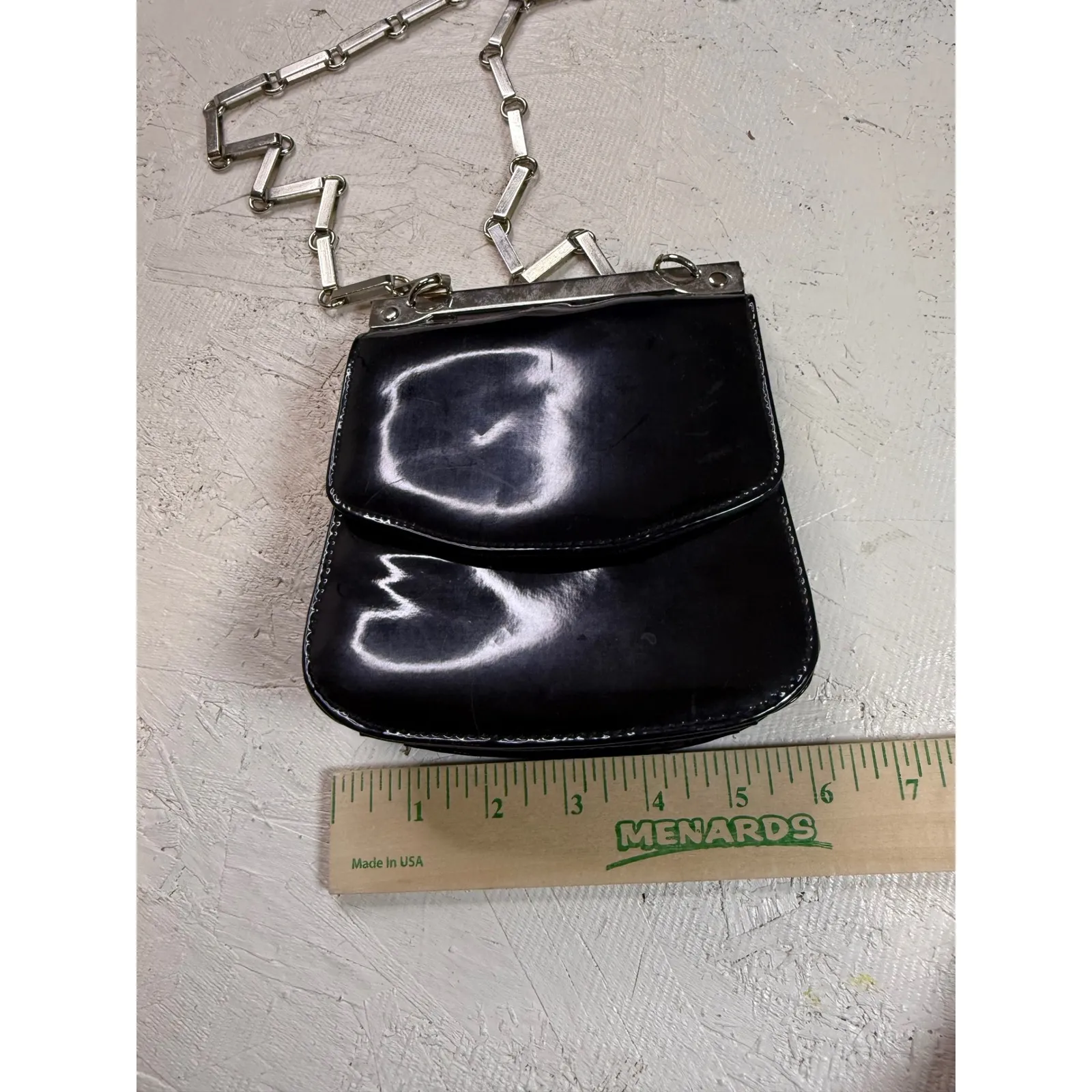 Vintage Studio Black Patent Leather Silver Chain Strap Mini‎ Bag Purse - Image 2