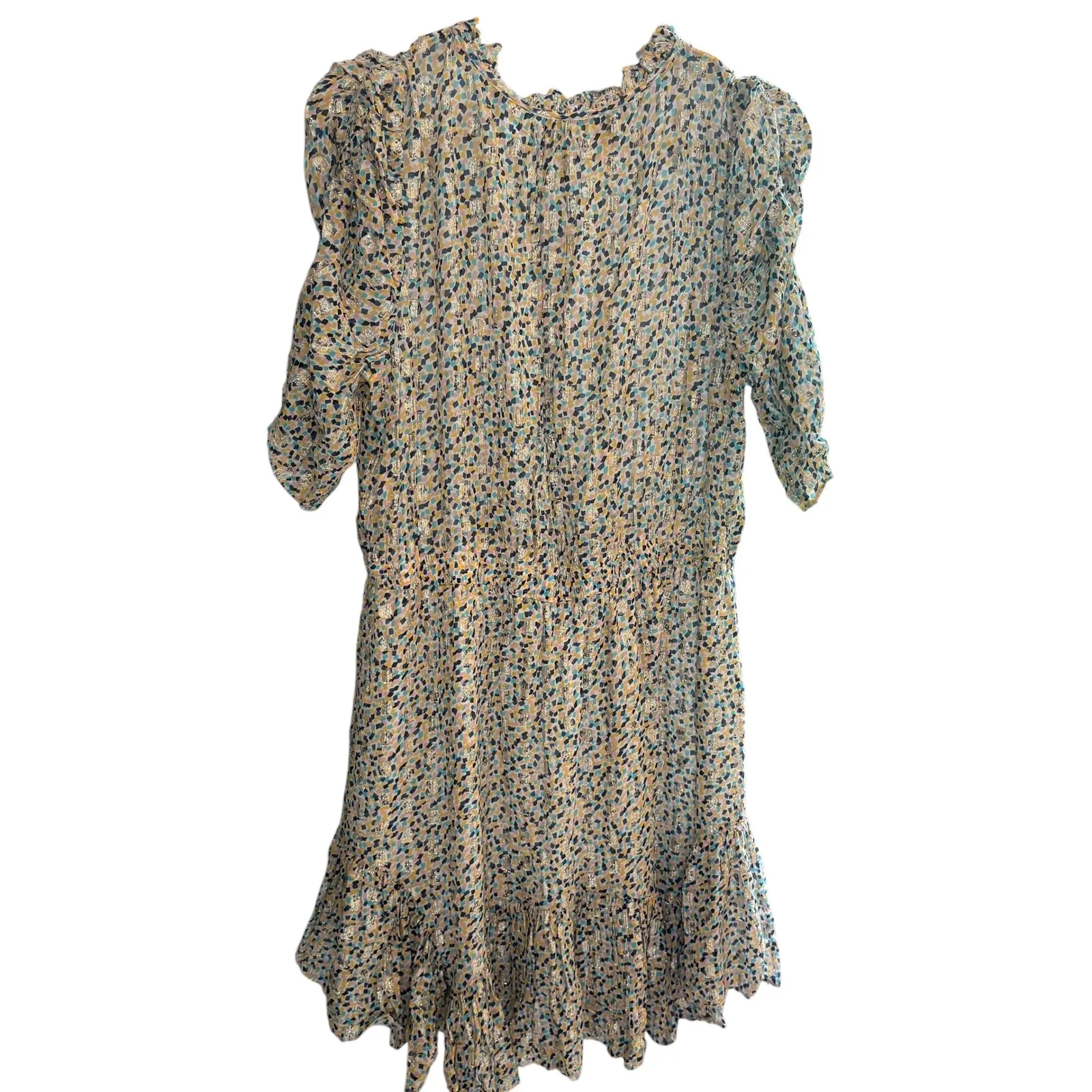 Shoshanna Anthropologie Mini Dress Floral Print Metallic Ruffle‎ Short Sleeve 12 - Image 5
