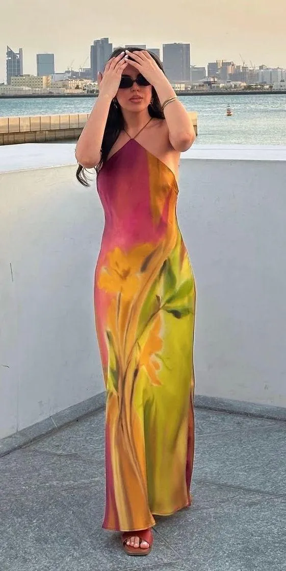 Zara Maxi Dress Tie Dye Satin Floral Effect - Image 3