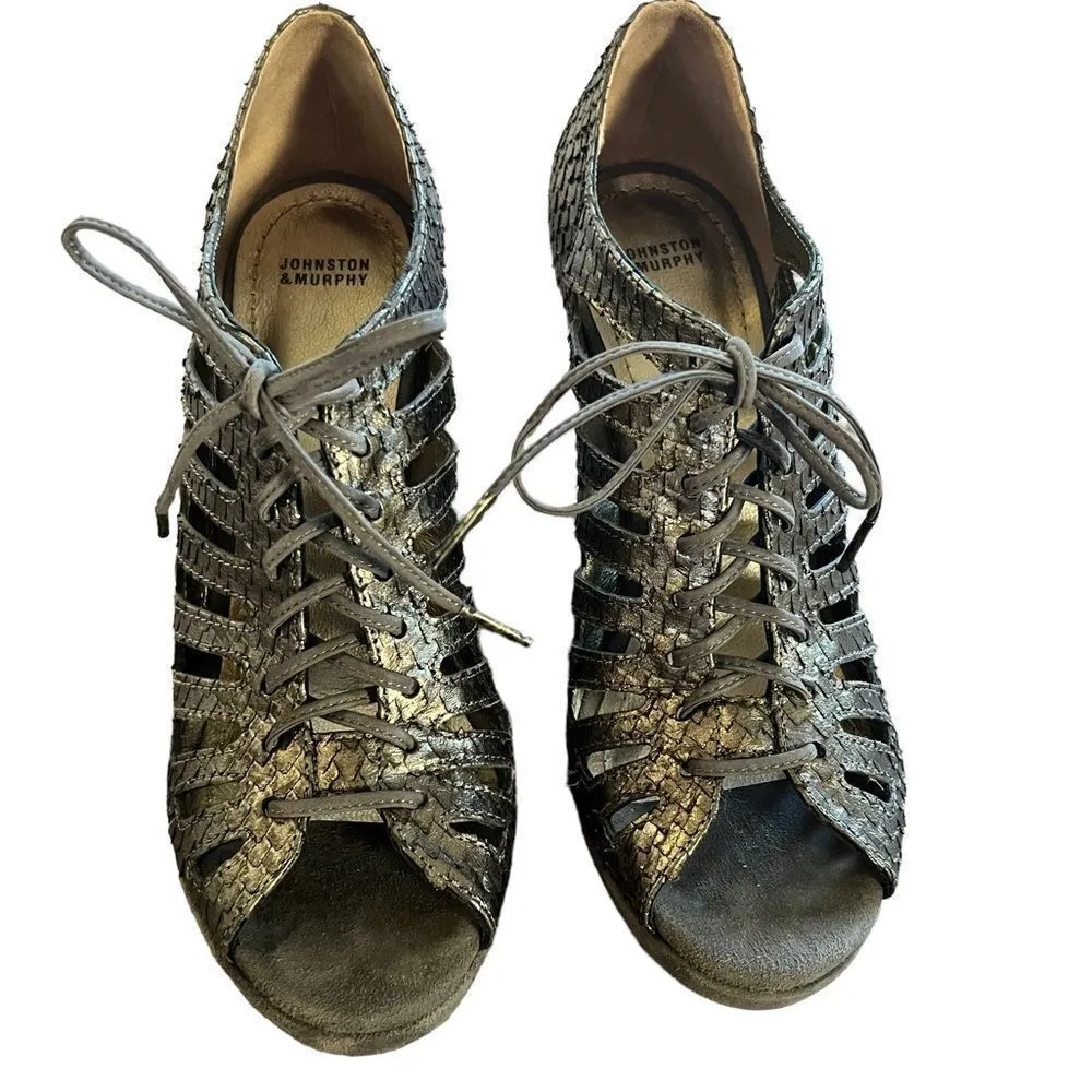 Johnston & Murphy Maddie Metallic Snakeskin Print Lace Up Wedge - Image 11