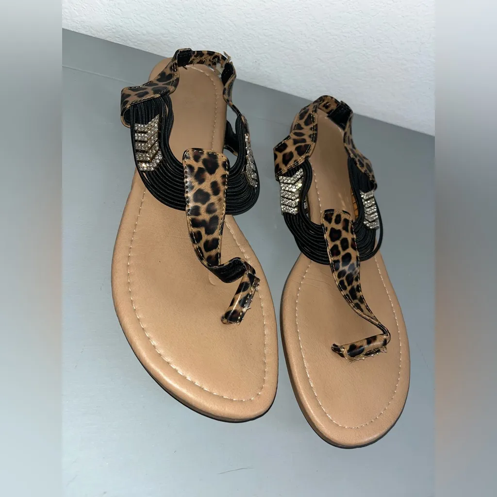 Cheetah Print Summer Crystal Bling Elastic Gladiator Thong Stretch Sandals Sz 10 - Image 15