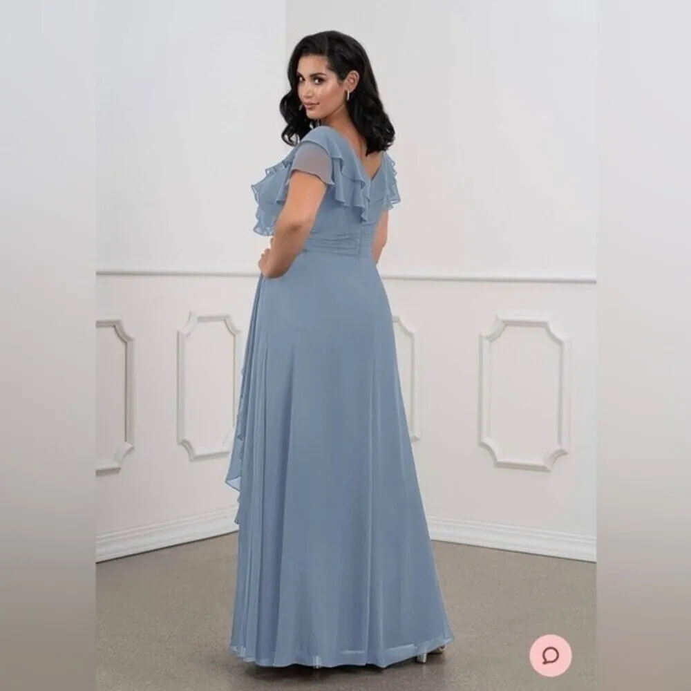 AZAZIE maxi dress A-Line Ruched Chiffon Floor-Length Dress Dusty Blue Size 10 - Image 5