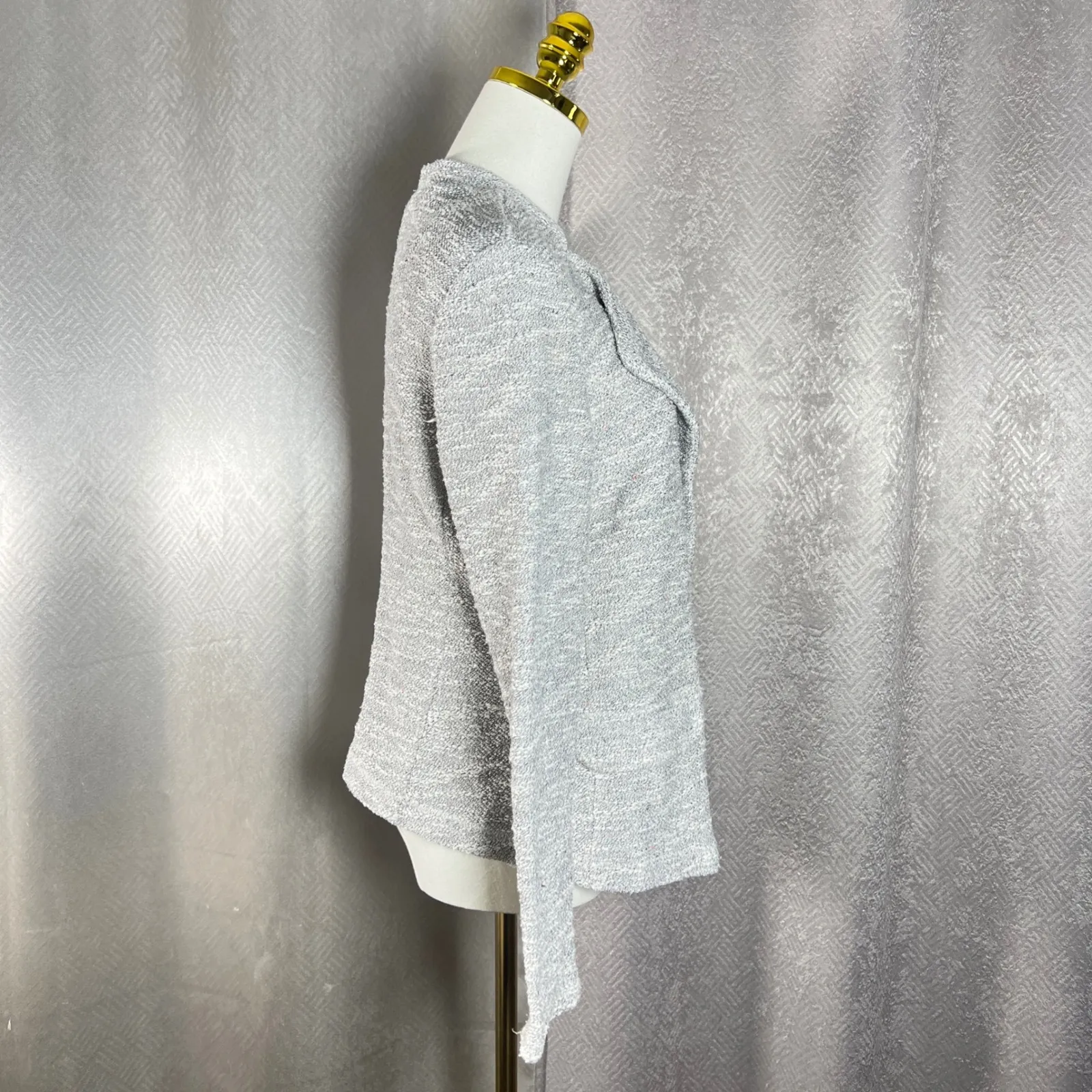 Anthropologie Textured Open Front Blazer Gray White Pink Flecks Size Small - Image 4