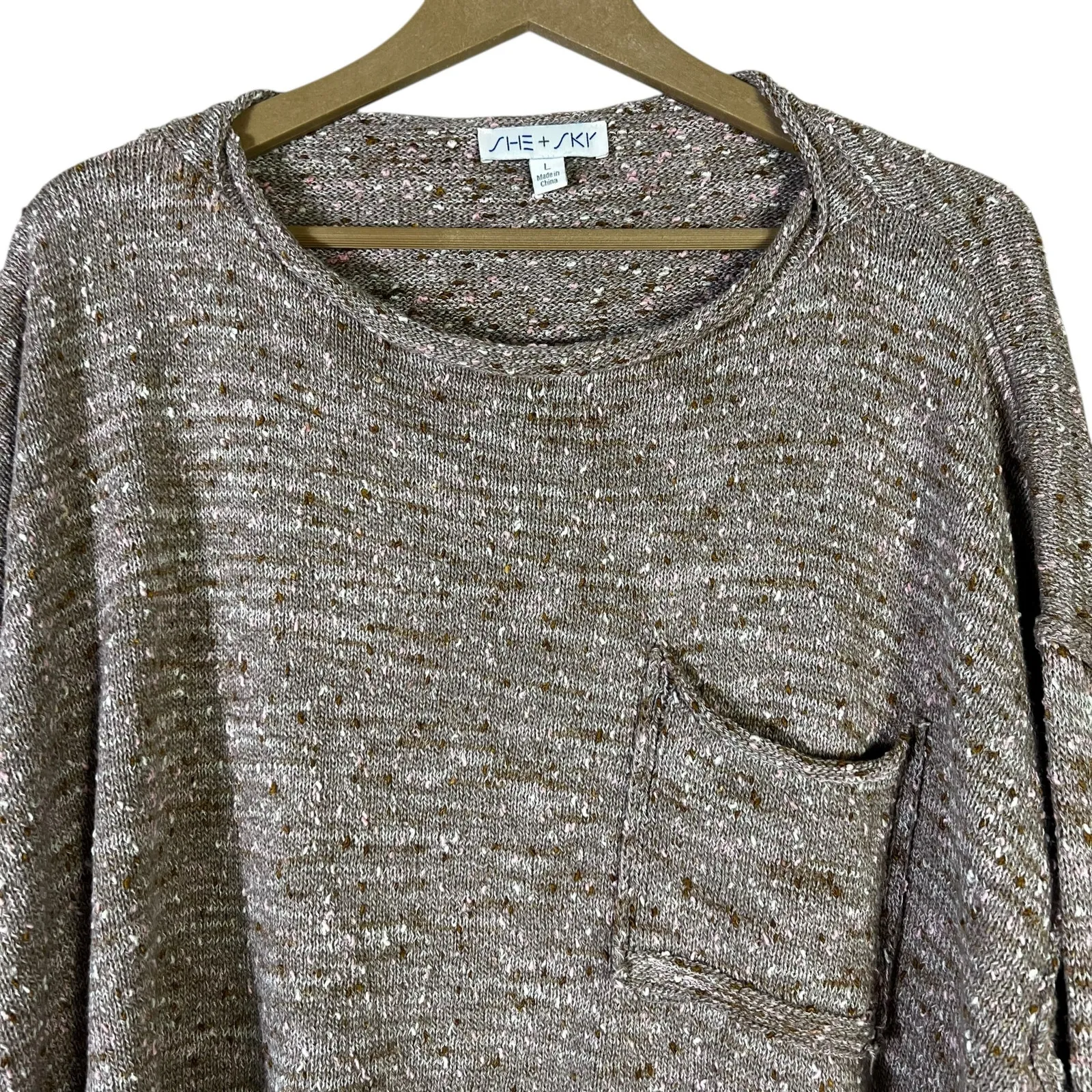 She + Sky Textured Bouclé Knit Sweater Womens L Brown Cotton Cozy Earthy Neutral - Image 3