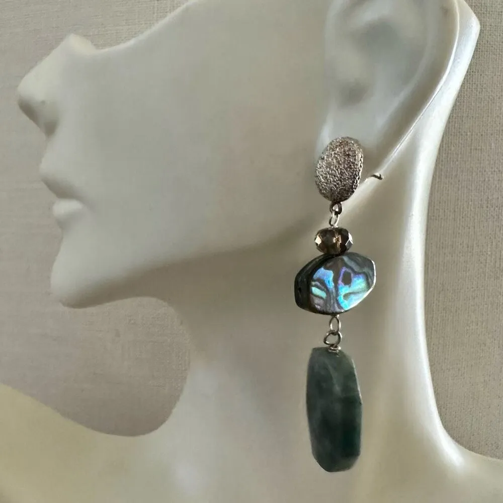 Sterling Silver Abalone smoky quartz & Moss Agate Dangle Earrings Green - Image 3