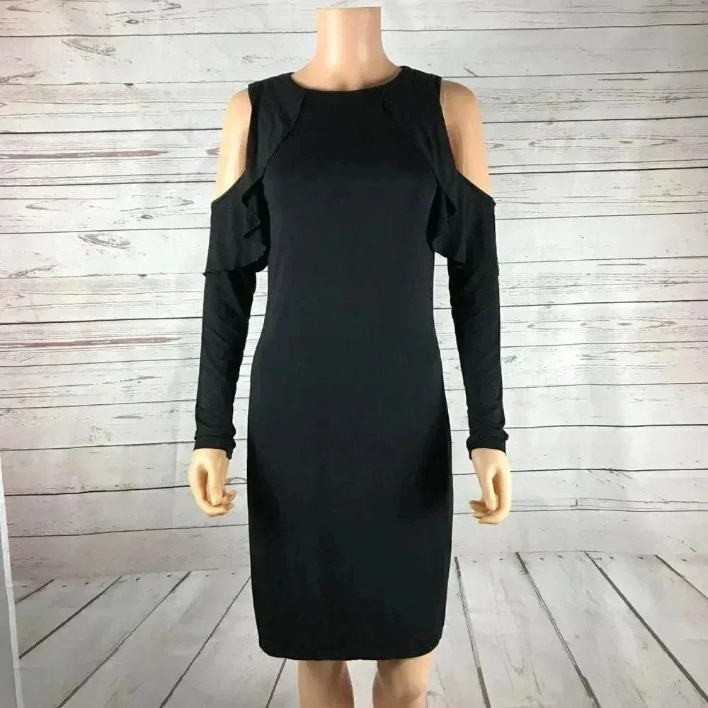 THREE DOTS Black Long Sleeve Cold Shoulder Sheath Dress SMALL - Image 10