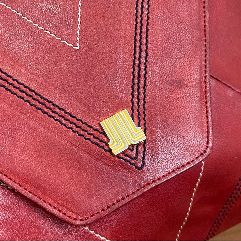 Vintage LANVIN Paris Red Leather Contrast Stitch Envelope Crossbody Bag - Image 13