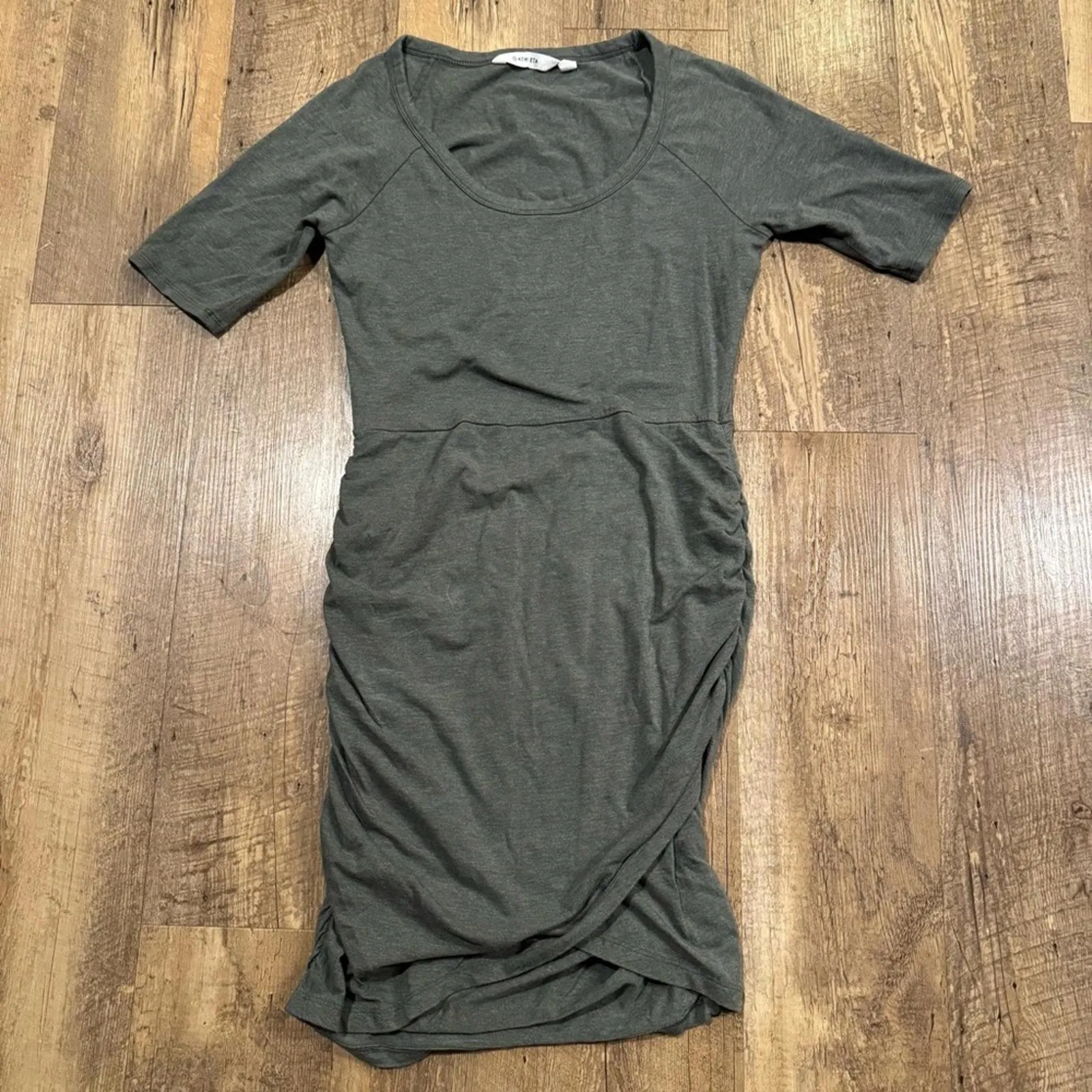 Athleta Womens Seeker Tee-Shirt Dress Size XSmall Jasper Green Ruched Tulip Hem - Image 2
