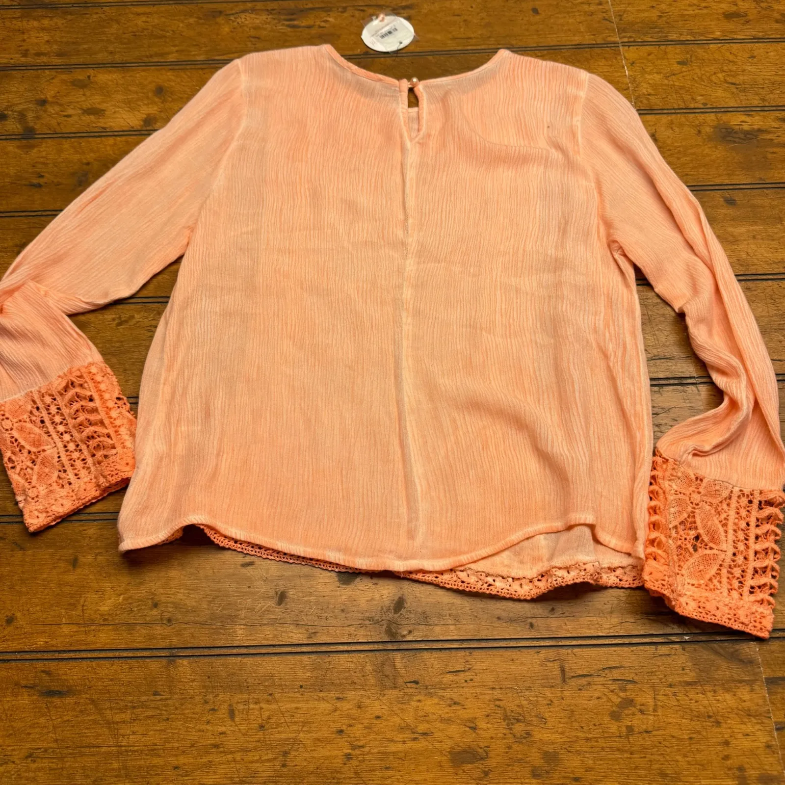 EN CREME Peach Crochet Lace Long Sleeve Sheer Gauze Blouse Top Women S‎ Orange - Image 4