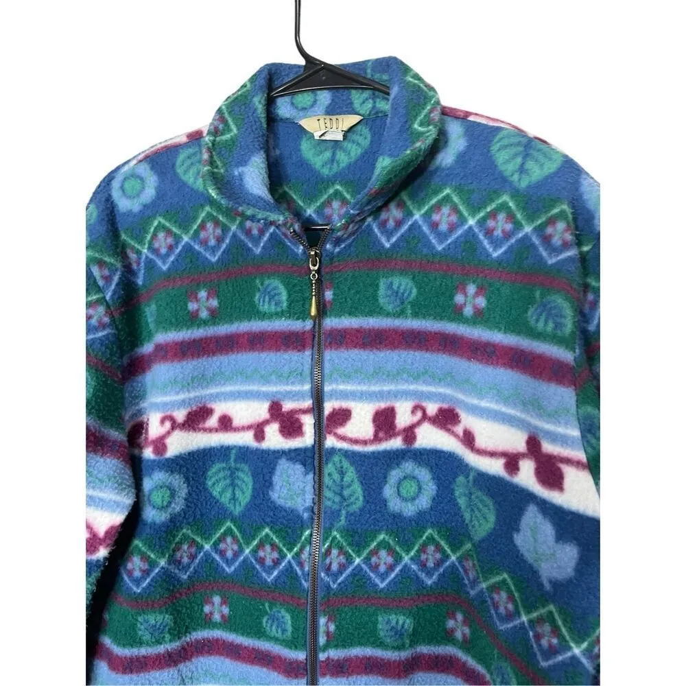 Vintage Teddi‎ 90s Plant Print Zip Up Fleece Jacket Size Large Petite Blue - Image 2