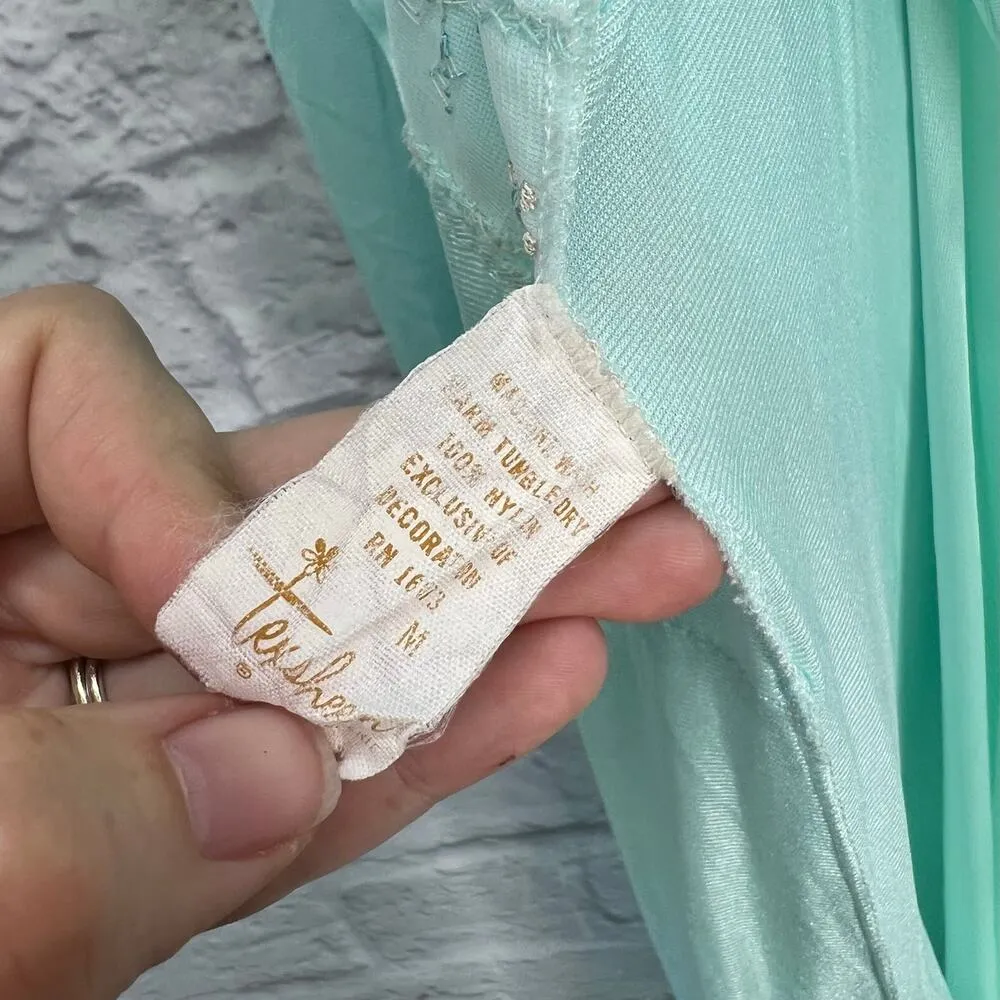 Vintage Texsheen Peignoir Nightgown Set Teal Blue Size M Shiny Long Floral 60/70 Size M - Image 6